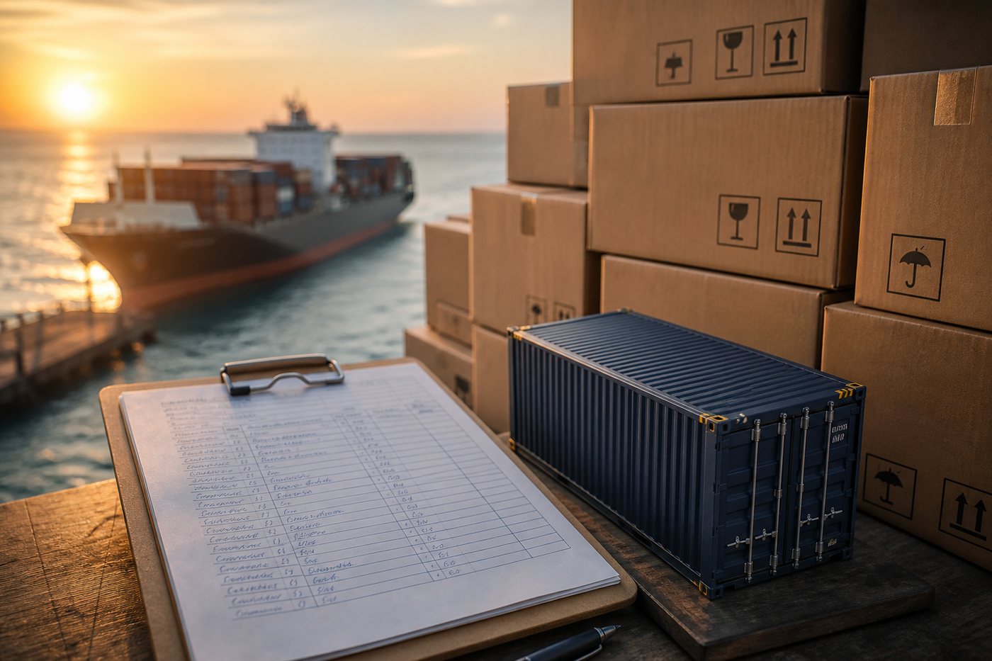 Caixas etiquetadas junto a um modelo de contentor, com um navio de carga ao fundo