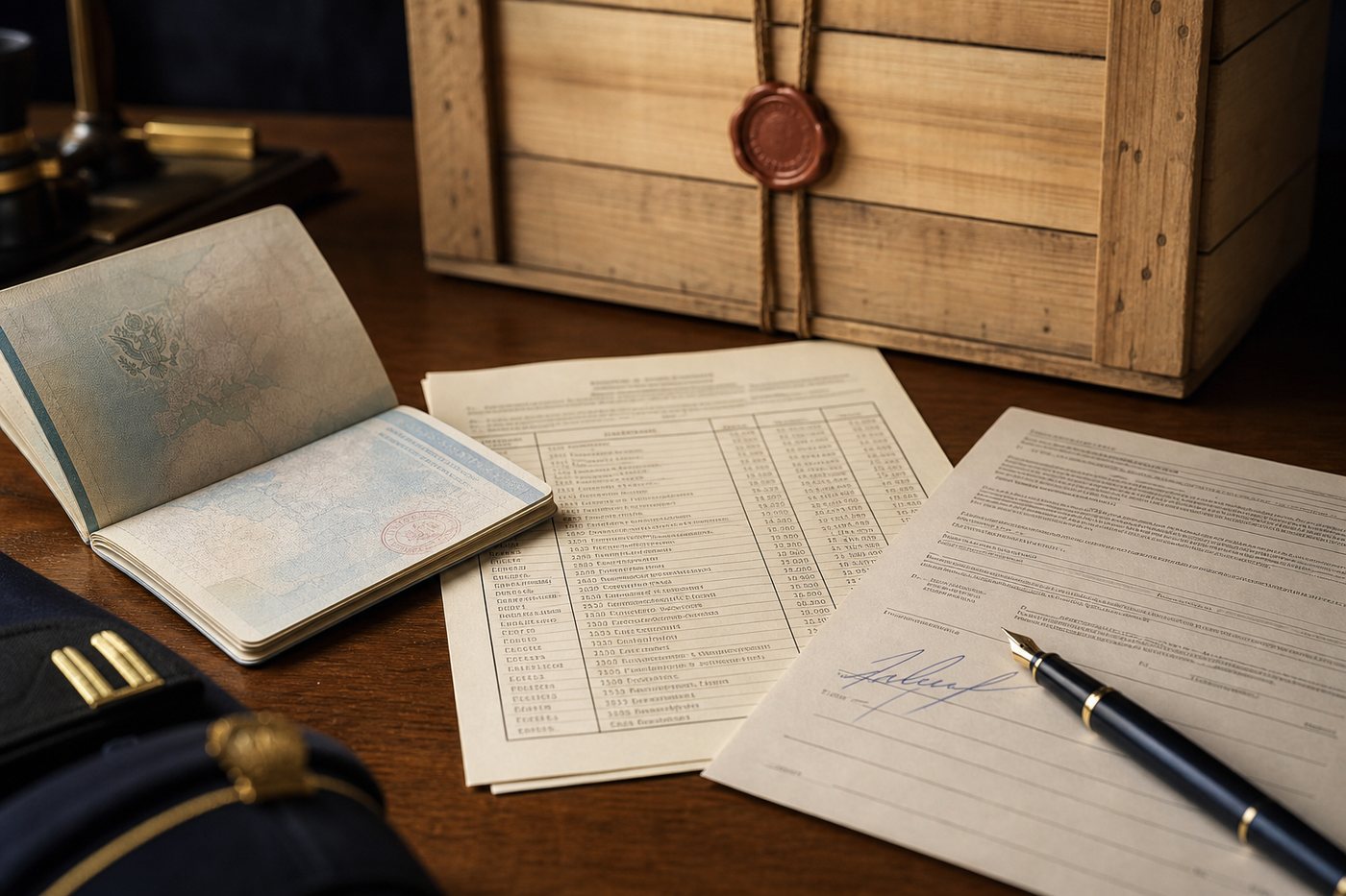 Passaporte, invent&aacute;rio e declara&ccedil;&atilde;o assinada junto a um caixote selado