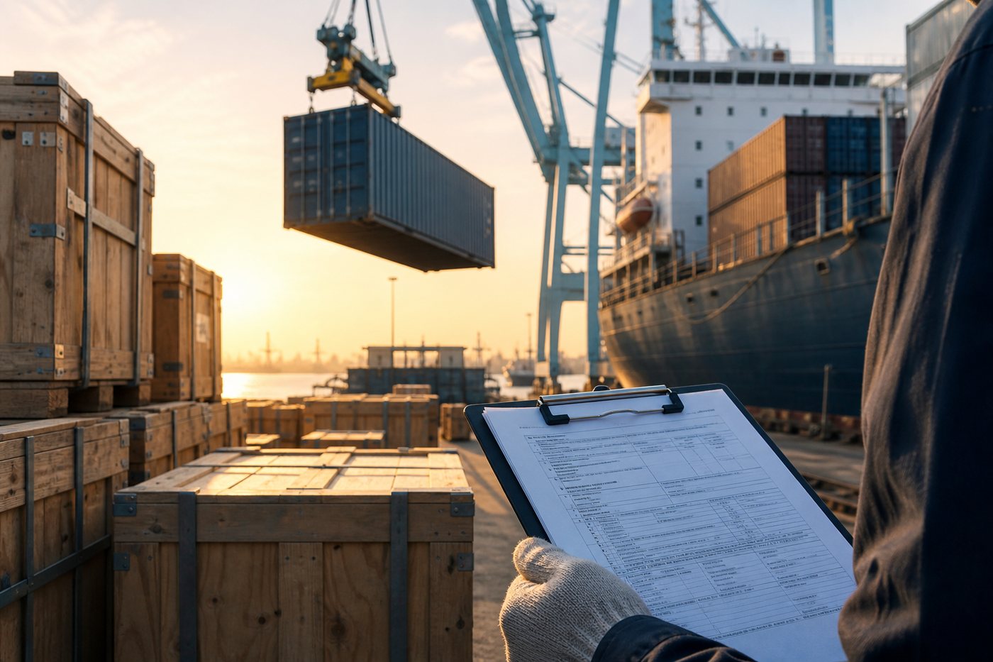 Ein Container wird im Hafen gehoben, Zollpapiere im Vordergrund